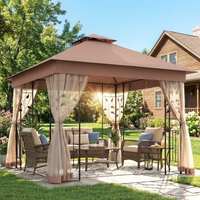 Outsunny 10'x10' Soft-top Steel Patio Gazebo Outdoor Sun Shelter with 2-Tier Polyester Roof, Curtain Sidewalls, Dark Brown