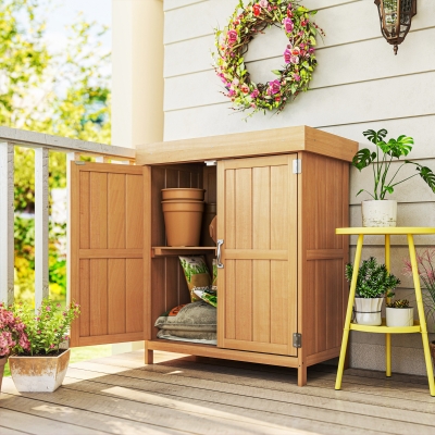 Outsunny Wooden Garden Tool Storage Shed Kit with Hinged Roof, 2-Tier Shelves and Double Doors, 74x43x88cm, Natural Wood