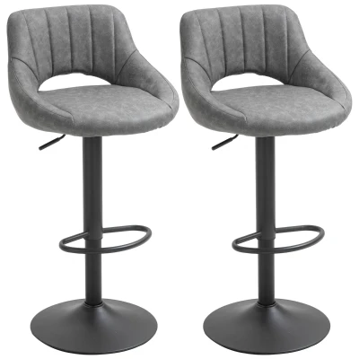 HOMCOM Bar Stools Set of 2, Swivel Counter Height Barstools with Adjustable Height and Cutout Back, Faux Leather Upholstered Bar Chairs with Round Metal Base and Footrest, Grey