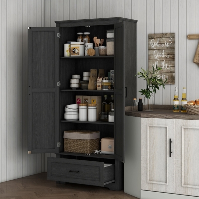 HOMCOM 69" Tall Farmhouse Kitchen Pantry Cabinet with 2 Doors, Drawer and Adjustable Shelves, Black Wood Grain