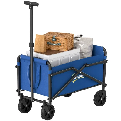 Outsunny Small Collapsible Folding Garden Cart, Heavy Duty Lawn Wagon with Universal Wheels and Adjustable Handle, Blue