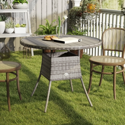 Outsunny 35.4" Outdoor Wicker Dining Table, PE Rattan Patio Furniture with Wood-plastic Composite Top, Grey