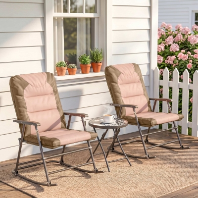 Outsunny 3-Piece Outdoor Foldable Rocking Chair Set, Light Brown