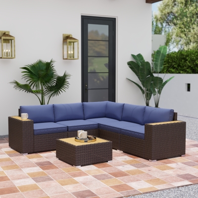 Outsunny 6 Pieces Outdoor Rattan Patio Furniture Set with Corner Sofa, Wood-Plastic Coffee Table, Navy Blue