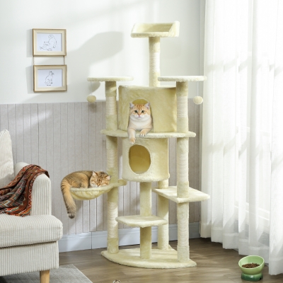 PawHut 62" Cat Tree with Scratching Post, 2 Condos, Hammock, Perches, Plush, Pompoms, for Indoor Cats, Beige