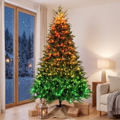 HOMCOM 7.5ft Christmas Tree with Synchronized LEDs, DIY Function, Frasier Grande Fir with Hinge Design, Remote, Daily Timer