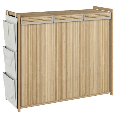HOMCOM Bamboo Laundry Hamper with Removable Drawstring Bag and Side Storage Pockets, 47 Gal, Natural