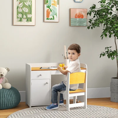 Qaba Kids Desk and Chair Set, White with Storage