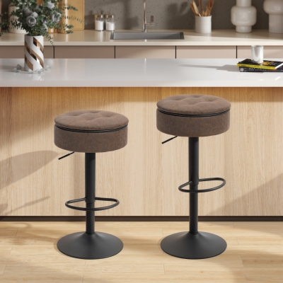 HOMCOM Set of 2 Barstools with Storage, Swivel Bar Stools with PU Leather Upholstered, Footrest, Steel Base, Brown