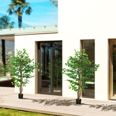 HOMCOM Set of 2 5ft Artificial Trees Ficus, Indoor Fake Plants with Pot, for Home Decor