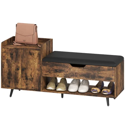 HOMCOM Storage Bench, Entryway Bench with Cushion, Hidden Storage, Compartments, Rustic Brown