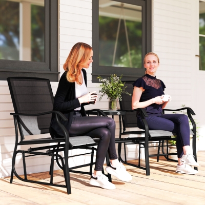 Outsunny Double Patio Glider Chair with Glass Top Center Table, Outdoor Glider Loveseat with High Back,  All Weather Breathable Mesh Fabric for Garden, Backyard, Deck, Black