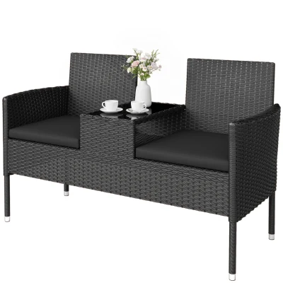 Outsunny Patio Furniture w/ Mid-Table PE Rattan Loveseat w/ Cushion, Black