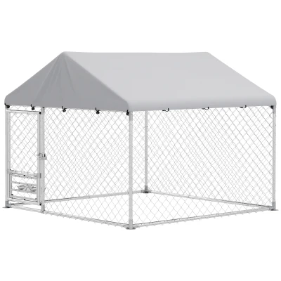 PawHut Outdoor Dog Run w/ Adjustable & Rotating Bowls, Water-Resistant UV-Resistant Cover, Secure Lock, 6.6' x 6.6' x 5.1'