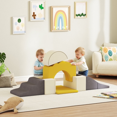 Qaba 7-Piece Baby Soft Play Set, Indoor Soft Play Gym Activity Play Set for Crawling, Sliding and Playing, Yellow