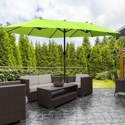 Outsunny 15ft Double-sided Patio Umbrella with Twin Canopy, Extra Large Outdoor Parasol with Crank for Pool, Deck, Market, Green