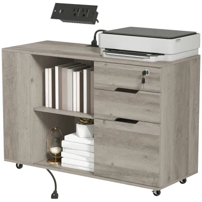 HOMCOM Filing Cabinet with Power Outlets File Cabinet Lockable Casters File Drawer Side Cubbies Light Grey Brown