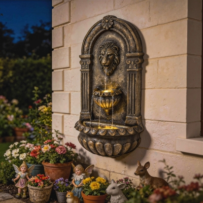Outsunny Wall-Mounted 3-Tier Outdoor Fountain, Resin Cascading Waterfall with LED Lights and Adjustable Flow, Rustic Brown