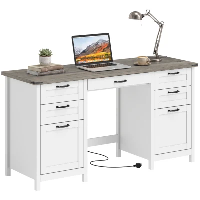 HOMCOM Computer Desk with Drawers Office Desk with 7 Drawers Charging Station Study Table 57" Brown White