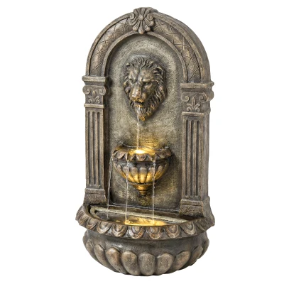Outsunny Wall-Mounted 3-Tier Outdoor Fountain, Resin Cascading Waterfall with LED Lights and Adjustable Flow, Rustic Brown