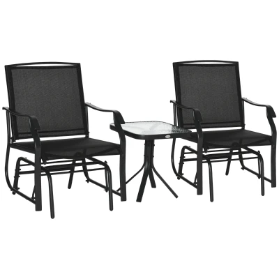 Outsunny 3 Piece Patio Glider Set Outdoor Gliders with Breathable Mesh Seat, Glass Top Table for Garden, Yard, Black