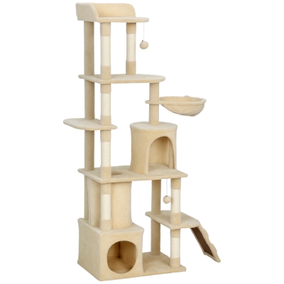 PawHut 67" Large Cat Tree with 7 Scratching Posts, Tunnel, 2 Condos, Hammock, Perch, Ramp, Pompoms, Beige