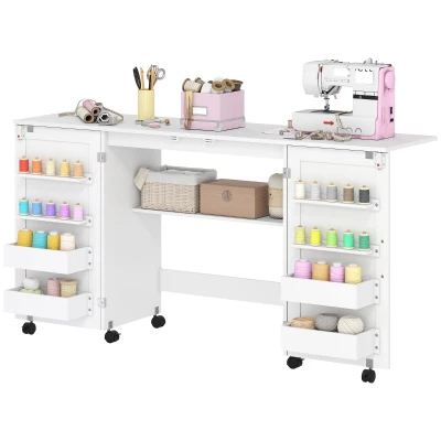 HOMCOM Folding Craft Table, Rolling Sewing Machine Table with Magnetic Doors, Bins, Pegs, Storage Shelf, Lockable Wheels, White