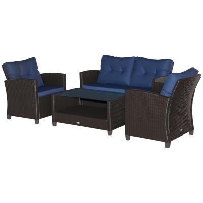 Outsunny 4-Piece Patio Furniture Set, Wicker Chairs & Table, Blue