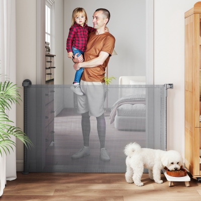 PawHut Retractable Dog Gate, 36.6" Tall,  Extends to 55" Wide, Mesh Pet Gate with Single Hand Operation, for Stairs, Doorways