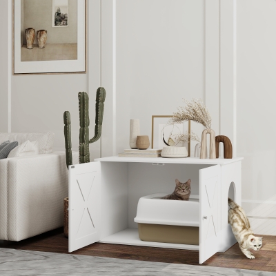 PawHut Hidden Cat Litter Box Enclosure with Double Doors, Hole, Pet House Side End Table, 31.5" x 19" x 20", White
