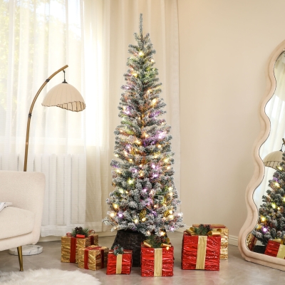 HOMCOM 6ft Prelit Pencil Artificial Christmas Tree, Flocked Xmas Tree with Remote, Dual Colour LEDs, 429 Tips, Metal Stand