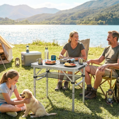 Outsunny 2ft Folding Camping Table, Picnic Table with Mesh Storage Layer, 4 Adjustable Heights and Carrying Handle, Black