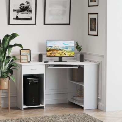 HOMCOM 47" L-Shaped Desk with Keyboard Tray, Computer Corner Desk for Small Space with Shelves, Drawer, CPU Stand, Home Office Writing Table, White