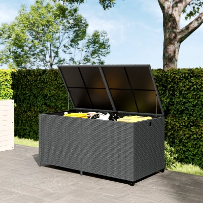 Outsunny 162 Gallon Rattan Deck Box with Wheels, Wicker Outdoor Storage Box with Waterproof Zippered Liner, Safe Pneumatic Rod