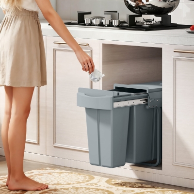 HOMCOM Pull Out Garbage Bin for Kitchen, 7.9 Gallon (30 L) Under Sink Garbage Can, 2 Removable Compartments, Grey
