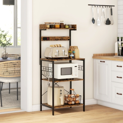 HOMCOM Kitchen Baker's Rack with Power Outlet, Coffee Bar Station with Adjustable Shelves and Hooks, Rustic Brown