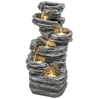 Outsunny Outdoor 6-Tier Water Fountain, Waterfall Fountain with LED Lights, Resin Waterfall Feature with Pump, Grey