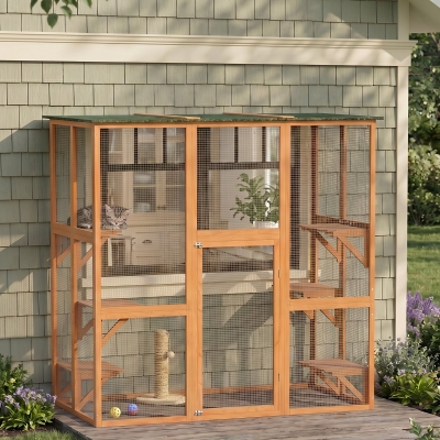 PawHut 71" x 39" x 71" Cat Cage, Large Outdoor Wooden Cat Patio with 6 Balanced Platforms and Asphalt Roof, Orange