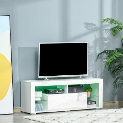 HOMCOM TV Stand for 55-Inch TVs, High Gloss TV Bench with LED Lights, Remote Control, Storage Drawer and Shelves, Entertainment Unit for Living Room, Bedroom, White