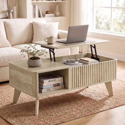 HOMCOM 40" Fluted Lift Top Coffee Table with Storage, Mid-Century Coffee Table with Hidden Compartment, Open Shelf, Oak