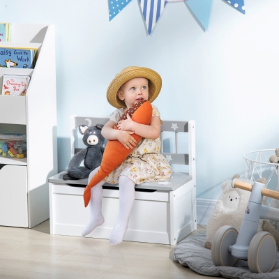 Qaba Kids Toy Box Storage Chest with Lid and Safety Hinge, Kids Storage Bench Seat with Backrest for Toddler, Grey