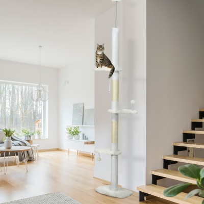 PawHut 88.5"-100.5" Floor to Ceiling Cat Tree, Cat Tower with Scratching Posts, Cloud Shaped Platforms, Dangling Balls, White
