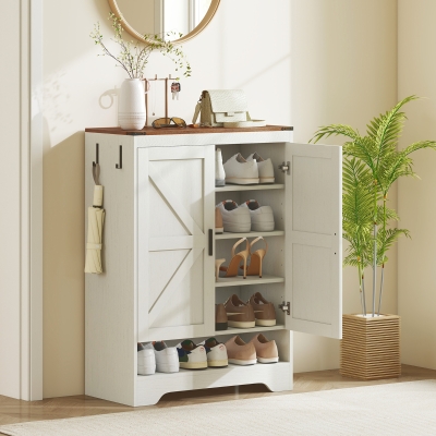 HOMCOM 5-Tier Shoe Storage Cabinet for 15 Pairs, Freestanding Farmhouse Shoe Cabinet, White
