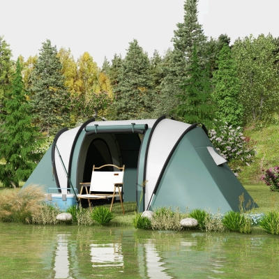 Outsunny 4 Person Camping Tent with 2 Bedrooms and Living Area, 3000mm Waterproof Family Tent for Fishing Hiking, Army Green