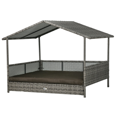 PawHut Rattan Outdoor Dog Bed with Canopy, Charcoal Gray