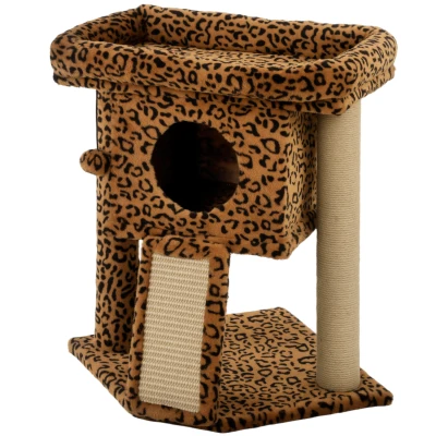 PawHut Cat Tree, Small Cat Tower with Perch, Scratching Post, Cat Condo, Toy Ball for Kitty, Leopard Print