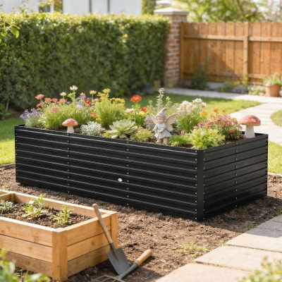 Outsunny 8 x 4 x 2ft Galvanized Raised Garden Bed, Reinforced Outdoor Planter Box with Open Bottom, Black