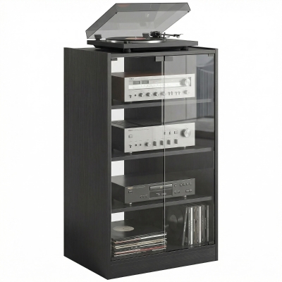 HOMCOM 4-Tier Media Cabinet with Glass Doors, Black
