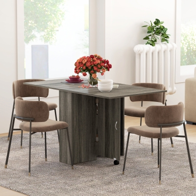 HOMCOM Extendable Dining Table, Collapsible Folding Table w/ 2-tier Shelves and Rolling Casters, Grey Wood Grain