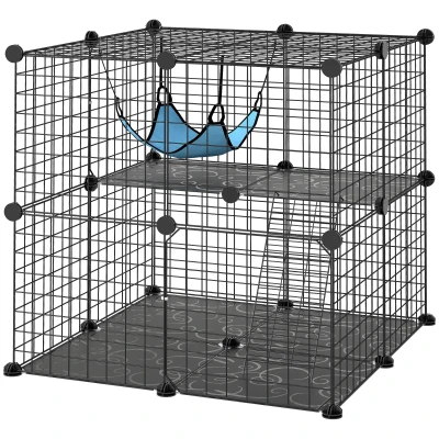 PawHut 2 Tier Cat Cage Crate, DIY Pet Playpen with 2 Doors, Ladder, Hammock, Perch, Indoor Playpen for Kittens, Black